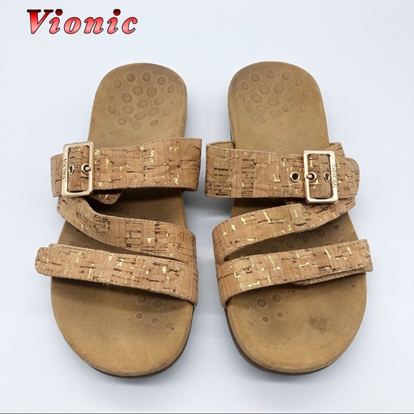 Vionic Shoes - Vionic-Tan Cork Fabric Strappy Comfort Sandals 8
